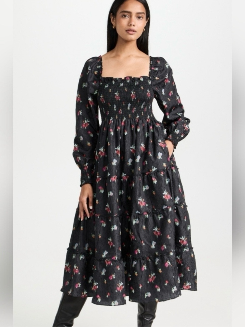 NWT Hill House Naomi Nap Dress in Black Ikat Taffeta Long Sleeve Pockets Sz L